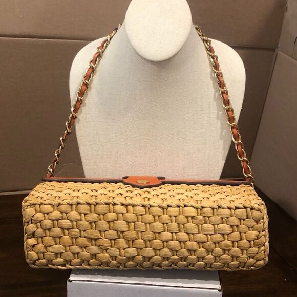 Vintage MICHAEL KORS Rattan Leather Clutch Gold Turn Lock Chain & Leather Strap - Picture 9 of 17